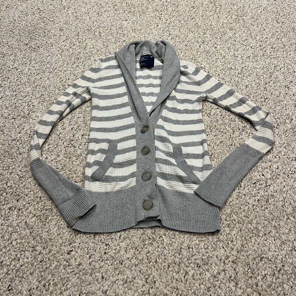 American Eagle Cardigan Sweater Shawl Collar Gray White Stripe Sz S Y2K